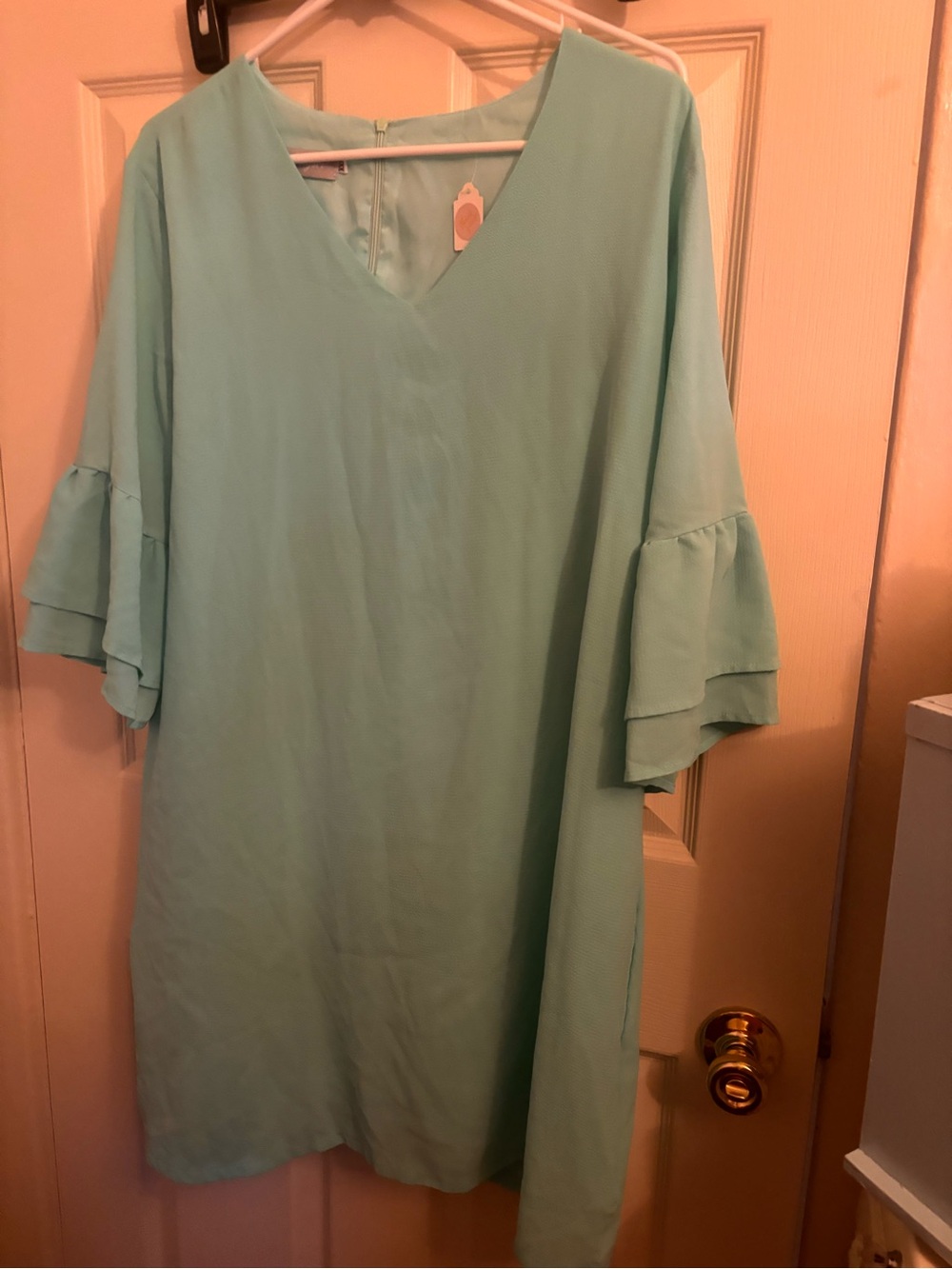 V-Neck Mint Midi Dress with Layered Ruffle Sleeves